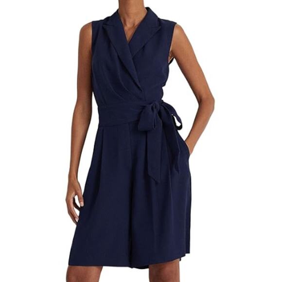 Lauren Ralph Lauren Belted Georgette Sleeveless Romper in Navy, Size 4​​​
